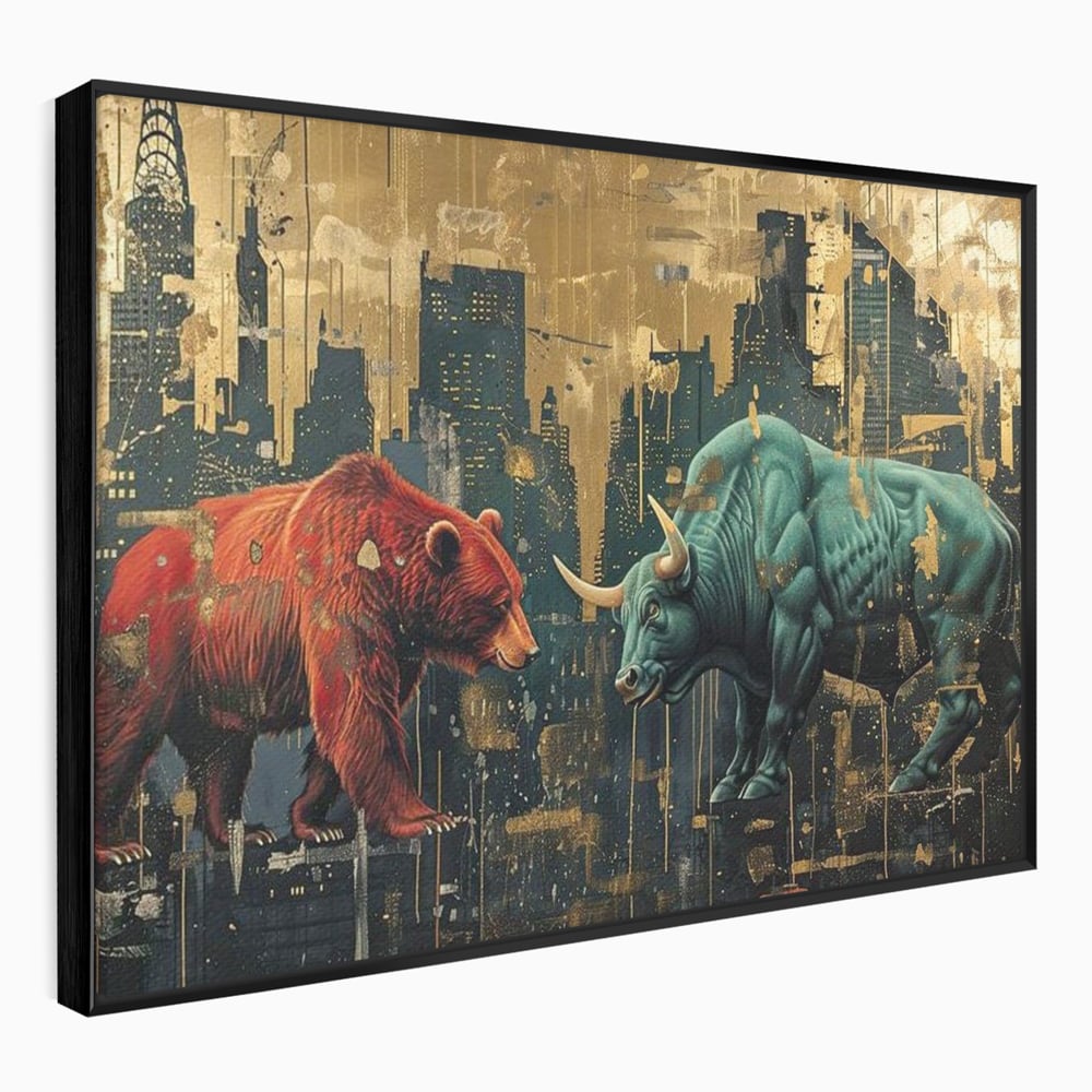 Tablou canvas cu tablou canvas cu taur si urs, in rama de aluminiu negru